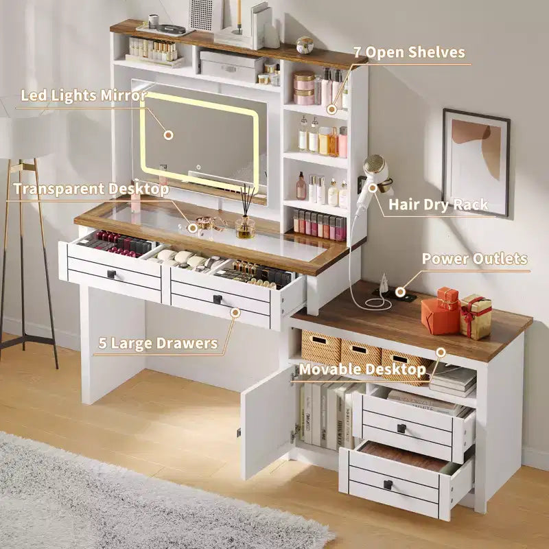 Toeletta angolare per trucco, specchio LED, piano in vetro, prese e USB, 1 anta, 4 cassetti, 7 ripiani