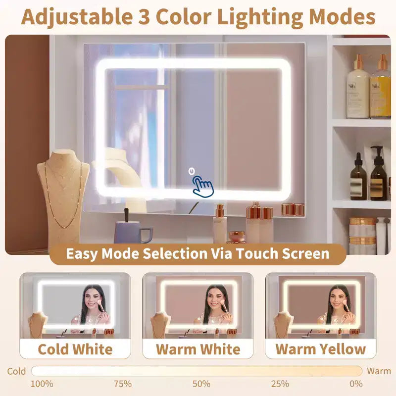 Toeletta angolare per trucco, specchio LED, piano in vetro, prese e USB, 1 anta, 4 cassetti, 7 ripiani
