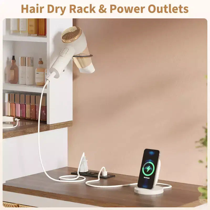 Toeletta angolare per trucco, specchio LED, piano in vetro, prese e USB, 1 anta, 4 cassetti, 7 ripiani