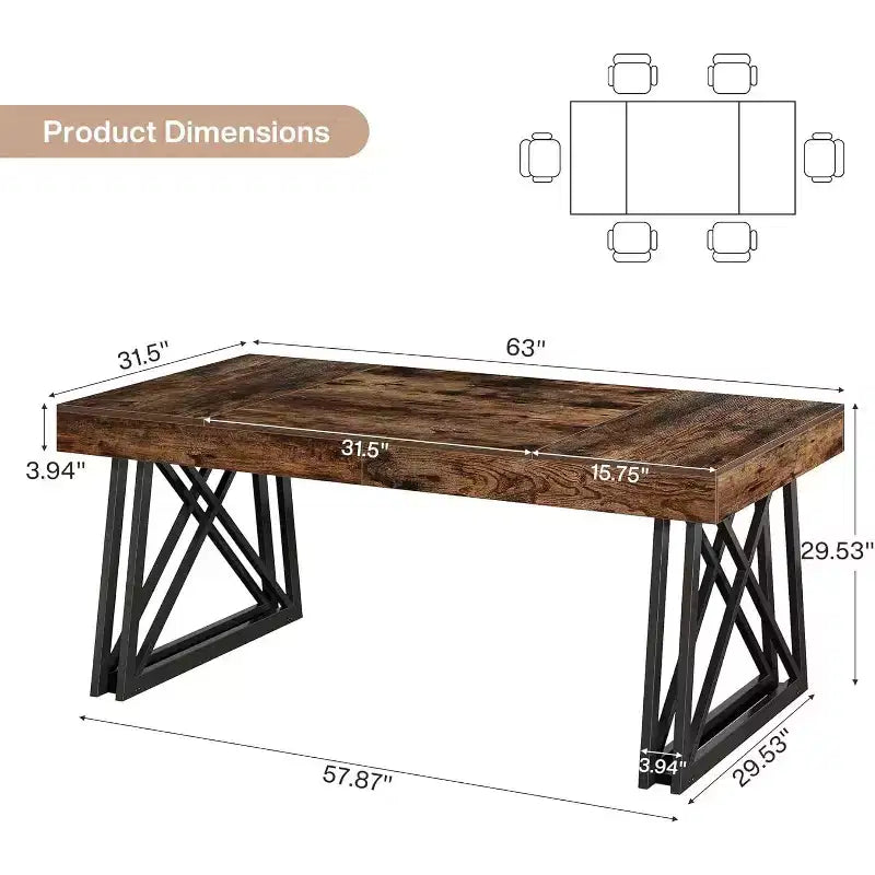Mesa de comedor de 63 pulgadas para 4-6 personas, mesa de cocina con patas metálicas resistentes, mueble de comedor rectangular para sala, marrón rústico y negro