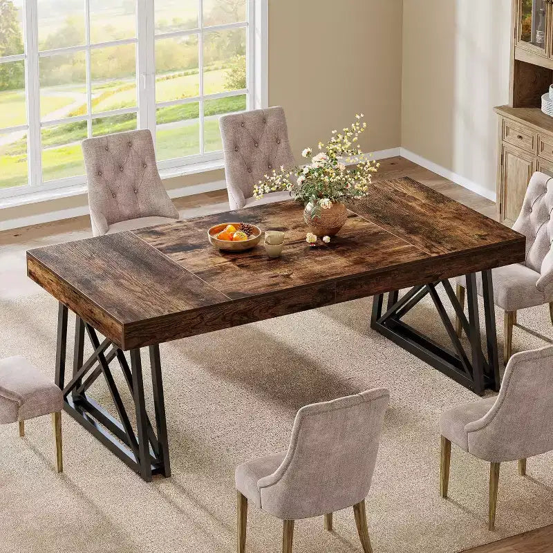 Mesa de comedor de 63 pulgadas para 4-6 personas, mesa de cocina con patas metálicas resistentes, mueble de comedor rectangular para sala, marrón rústico y negro