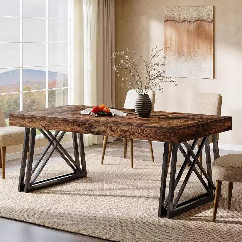 Mesa de comedor de 63 pulgadas para 4-6 personas, mesa de cocina con patas metálicas resistentes, mueble de comedor rectangular para sala, marrón rústico y negro