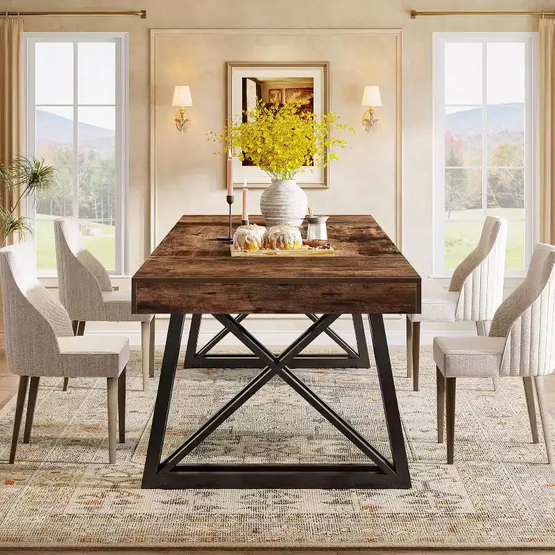 Mesa de comedor de 63 pulgadas para 4-6 personas, mesa de cocina con patas metálicas resistentes, mueble de comedor rectangular para sala, marrón rústico y negro