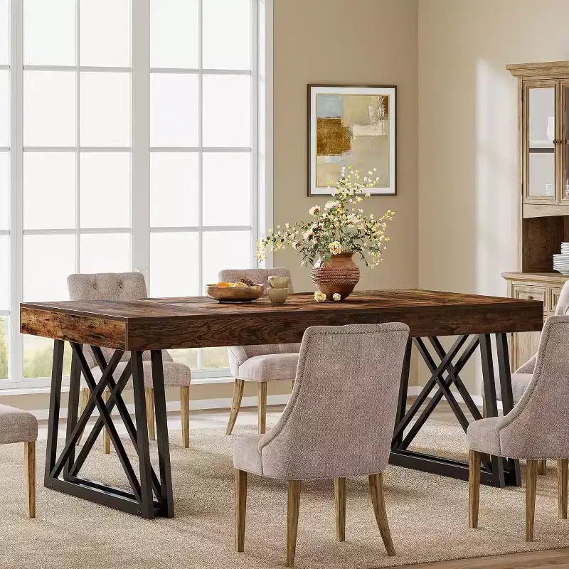 Mesa de comedor de 63 pulgadas para 4-6 personas, mesa de cocina con patas metálicas resistentes, mueble de comedor rectangular para sala, marrón rústico y negro