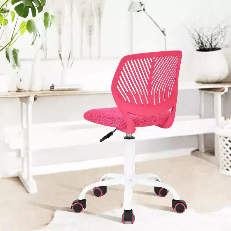 Bezramienne krzesło do biurka, urocze ergonomiczne małe obrotowe regulowane lekkie krzesło na kółkach do pracy, intensywnie różowe