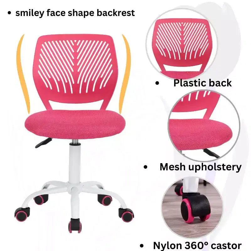 Silla de escritorio sin brazos, bonita, ergonómica, pequeña, giratoria, ajustable, ligera y con ruedas, rosa intenso