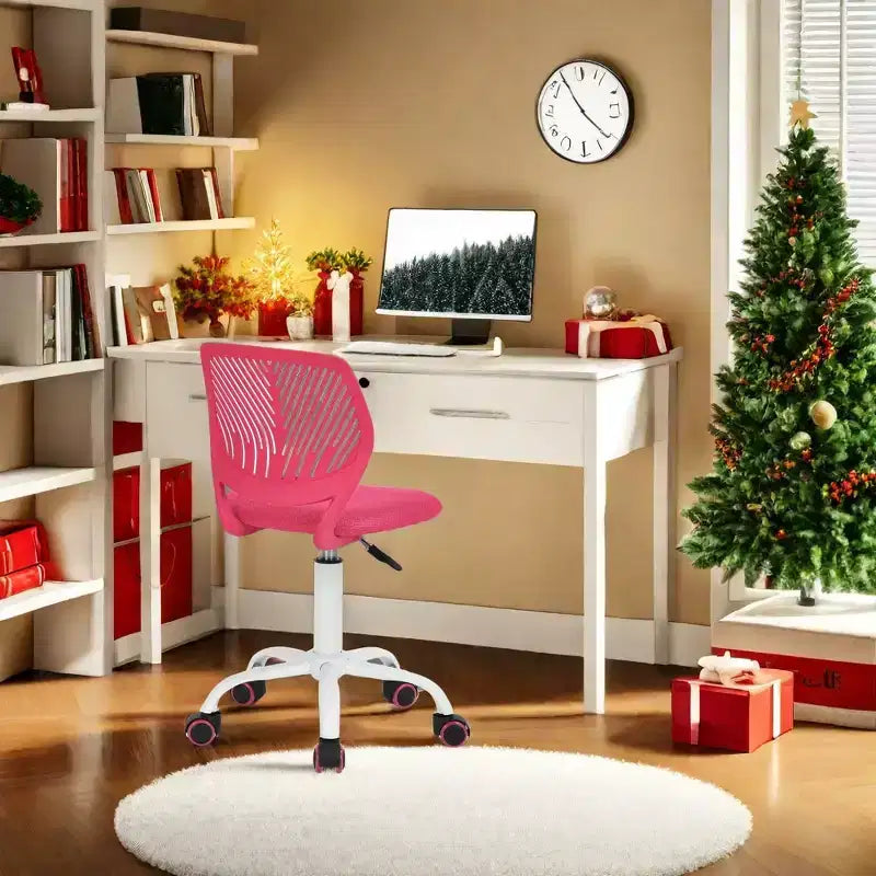 Silla de escritorio sin brazos, bonita, ergonómica, pequeña, giratoria, ajustable, ligera y con ruedas, rosa intenso