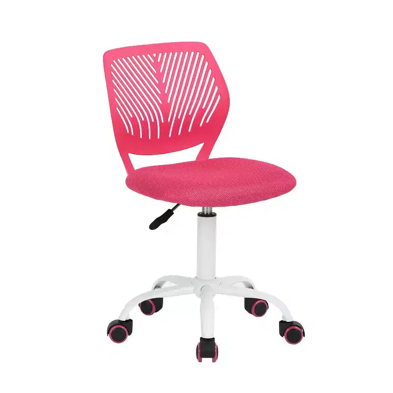 Silla de escritorio sin brazos, bonita, ergonómica, pequeña, giratoria, ajustable, ligera y con ruedas, rosa intenso