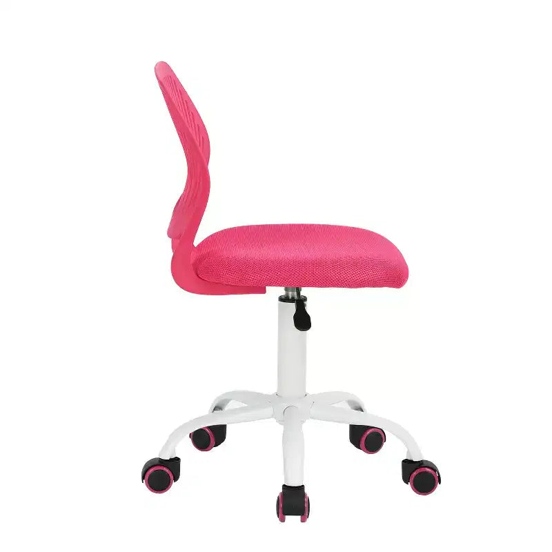Silla de escritorio sin brazos, bonita, ergonómica, pequeña, giratoria, ajustable, ligera y con ruedas, rosa intenso