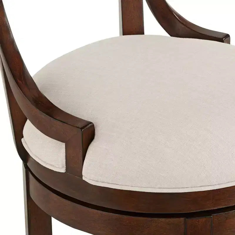 Taburete de bar de madera de nogal marrón de 24 de alto, estilo rústico de granja, con cojín de lino beige, respaldo y reposapiés, para isla de cocina en el hogar