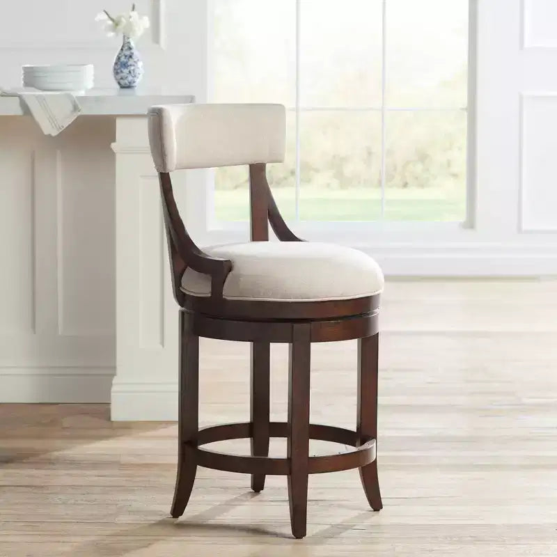 Taburete de bar de madera de nogal marrón de 24 de alto, estilo rústico de granja, con cojín de lino beige, respaldo y reposapiés, para isla de cocina en el hogar