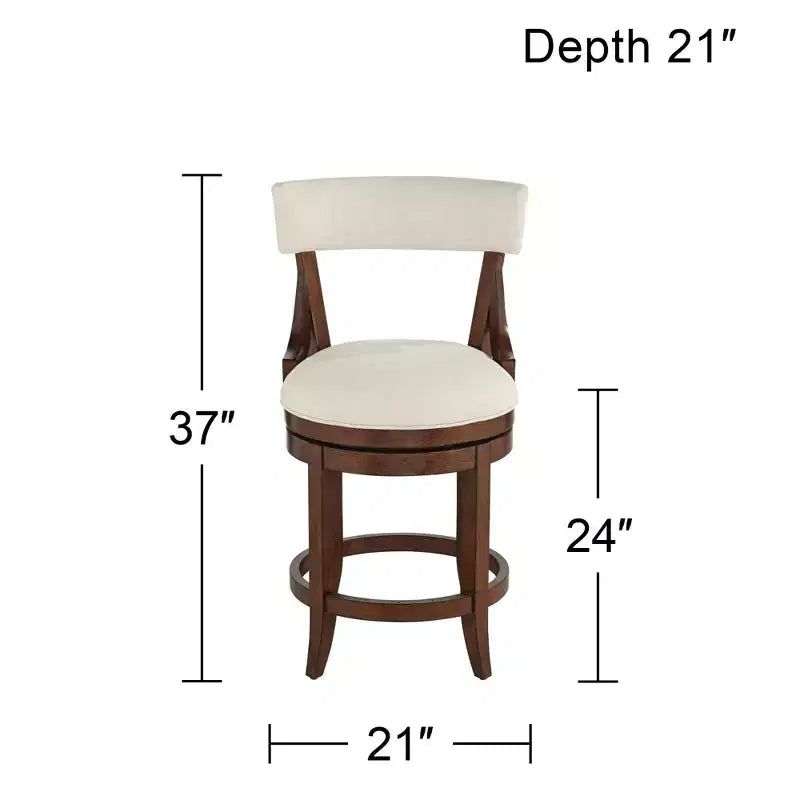 Taburete de bar de madera de nogal marrón de 24 de alto, estilo rústico de granja, con cojín de lino beige, respaldo y reposapiés, para isla de cocina en el hogar