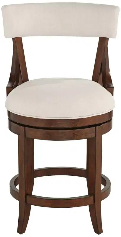 Taburete de bar de madera de nogal marrón de 24 de alto, estilo rústico de granja, con cojín de lino beige, respaldo y reposapiés, para isla de cocina en el hogar