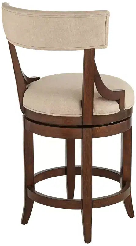 Taburete de bar de madera de nogal marrón de 24 de alto, estilo rústico de granja, con cojín de lino beige, respaldo y reposapiés, para isla de cocina en el hogar