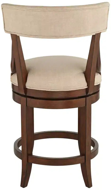 Taburete de bar de madera de nogal marrón de 24 de alto, estilo rústico de granja, con cojín de lino beige, respaldo y reposapiés, para isla de cocina en el hogar