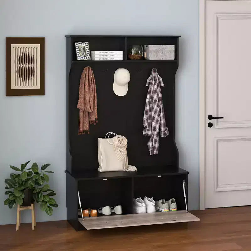 Perchero de recibidor de 63 pulgadas con perchero para abrigos y banco de almacenamiento, multifuncional, negro/blanco